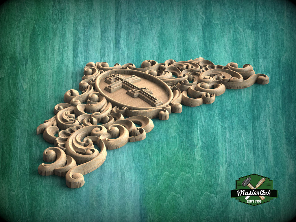 Eternal Faith Carved Onlay with Cross, Unpainted, 1pc, Home Wall Embellishments, Furniture Carving, Ornamental Woodwork