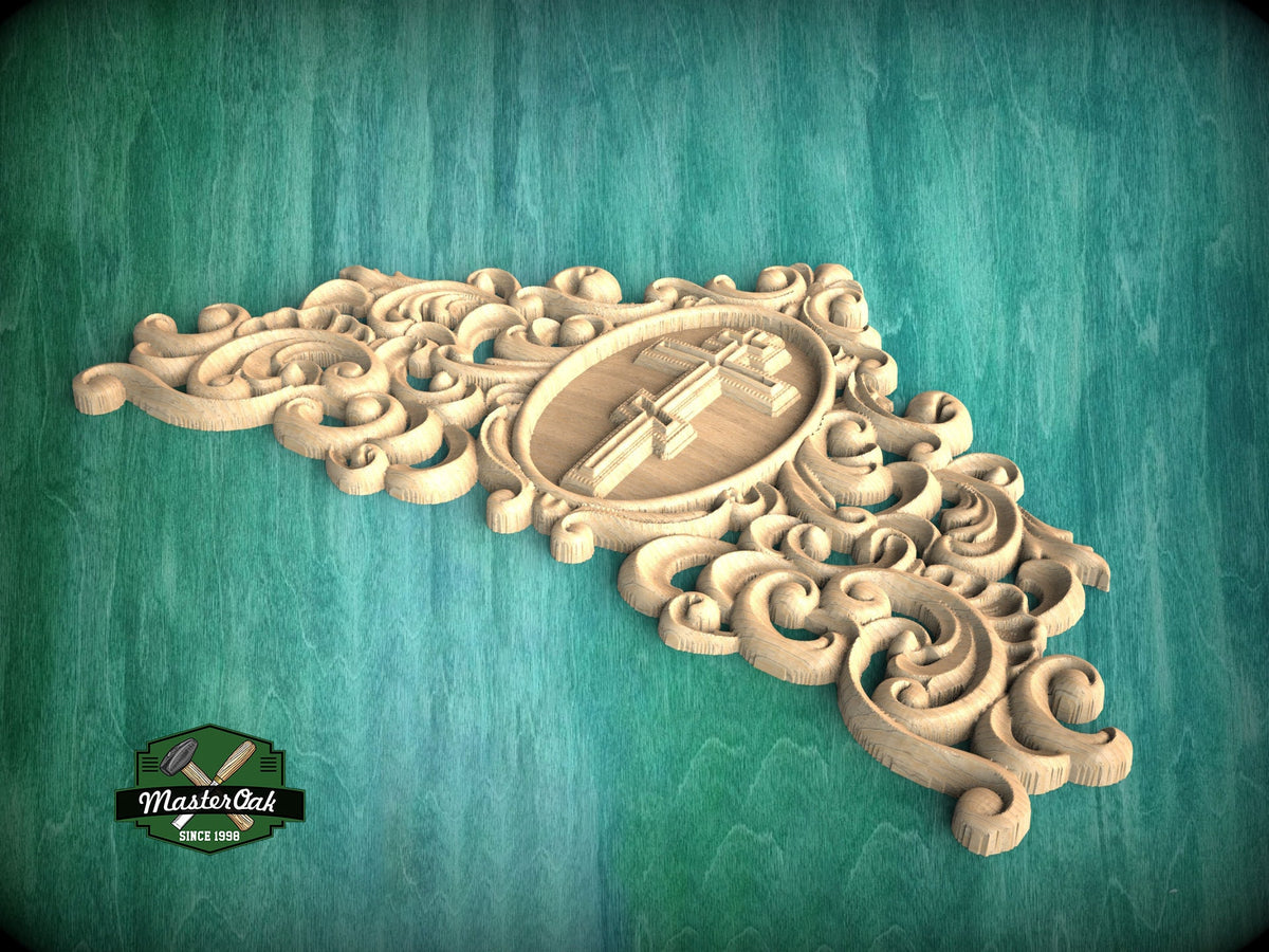 Eternal Faith Carved Onlay with Cross, Unpainted, 1pc, Home Wall Embellishments, Furniture Carving, Ornamental Woodwork