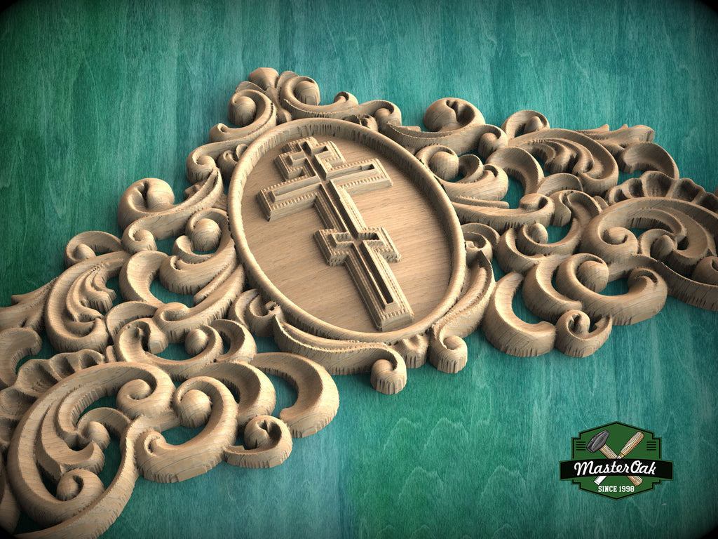 Eternal Faith Carved Onlay with Cross, Unpainted, 1pc, Home Wall Embellishments, Furniture Carving, Ornamental Woodwork