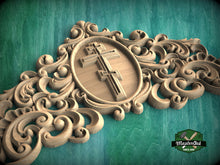 Load image into Gallery viewer, Eternal Faith Carved Onlay with Cross, Unpainted, 1pc, Home Wall Embellishments, Furniture Carving, Ornamental Woodwork
