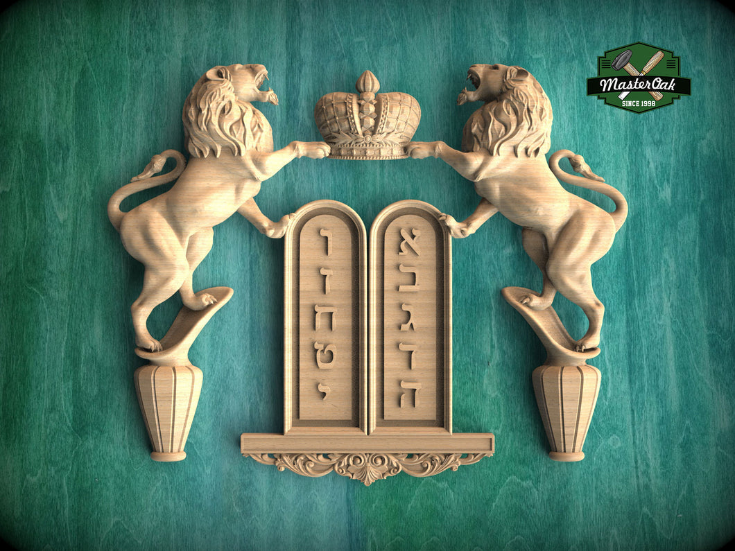 Ten Commandments & Lions Wooden Panel, Unpainted, 1pc, Home Wall Embellishments, Furniture Carving, Ornamental Woodwork