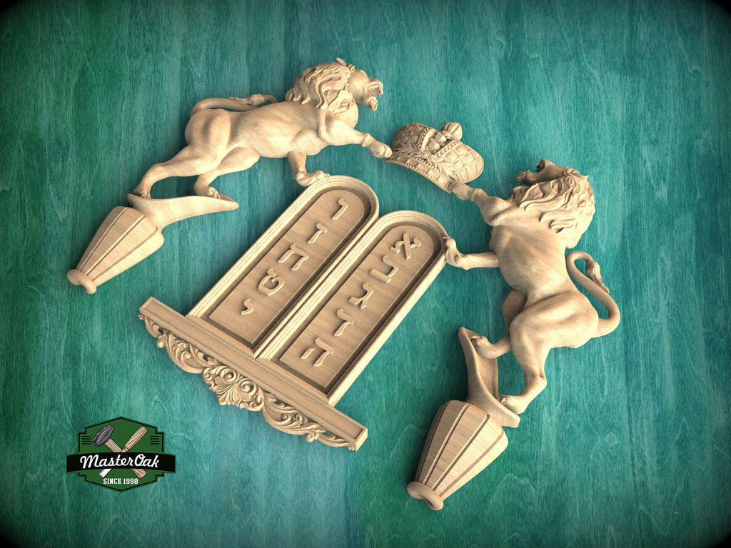 Ten Commandments & Lions Wooden Panel, Unpainted, 1pc, Home Wall Embellishments, Furniture Carving, Ornamental Woodwork