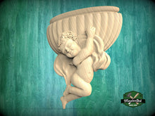 Load image into Gallery viewer, Cherubic Embrace - Wood Carved Onlay, 1pc, Angel with wings, Carved Angel, religion decor, carved decoration of wood, wooden onlay
