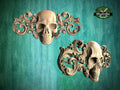 Gothic Elegance Wooden Applique, 1 pc, Horizontal wooden floral center onlay with skull, horizontal decor, carved decoration of wood