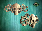 Gothic Elegance Wooden Applique, 1 pc, Horizontal wooden floral center onlay with skull, horizontal decor, carved decoration of wood