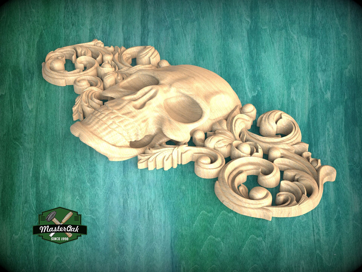 Gothic Elegance Wooden Applique, 1 pc, Horizontal wooden floral center onlay with skull, horizontal decor, carved decoration of wood