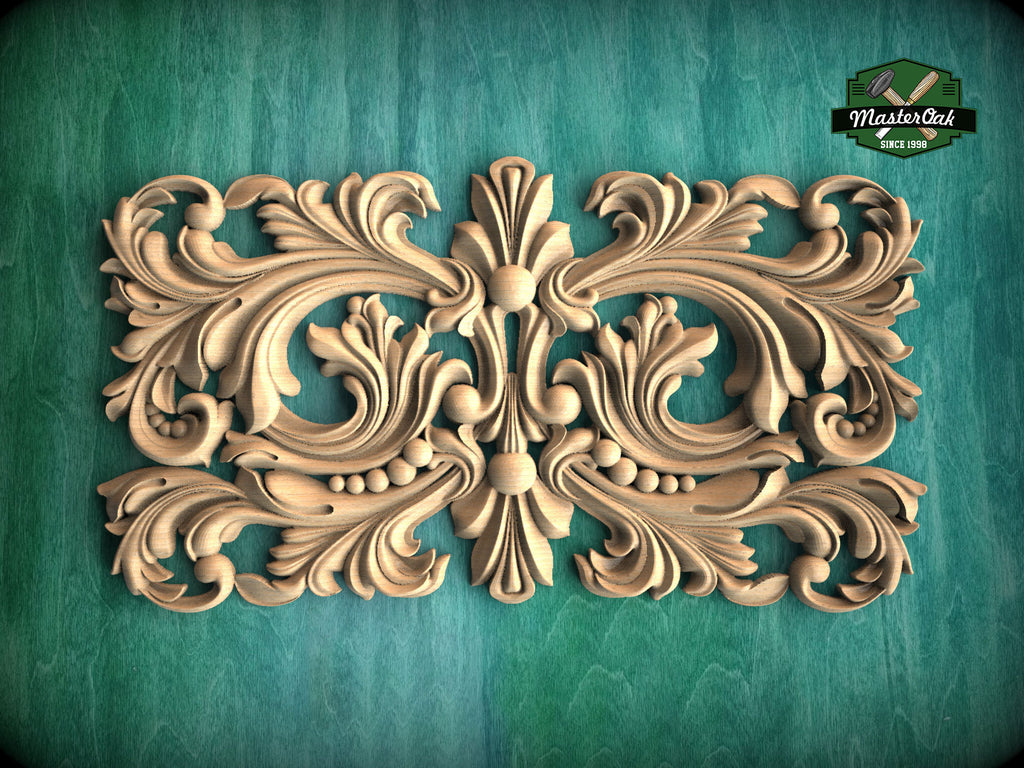 Baroque Splendor: Symmetrical Carved Wood Onlay, Wooden Panel, 1pc, Unpainted, Furniture Carving, Architectural Woodwork