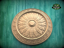 Load image into Gallery viewer, Sunburst Elegance: Greek Key Round Wooden Rosette, 1 pc, Unpainted, Decorative Rosettes, Home Wall Embellishments, round wooden trims
