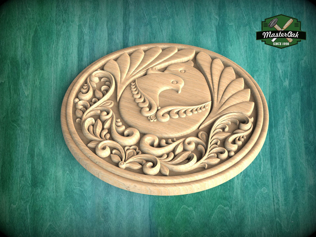 Majestic Peafowl: Regal Round Carved Wooden Rosette, 1 pc, Unpainted, Decorative Rosettes, Home Wall Embellishments, Round Wooden Onlays
