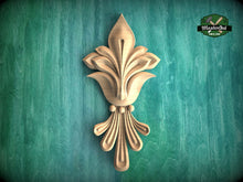 Load image into Gallery viewer, Fleur-de-Lis Flourish: Vertical Wooden Carved Overlay, 1 pc, Unpainted, Home Wall Embellishments, Furniture Carving, Wood Onlays
