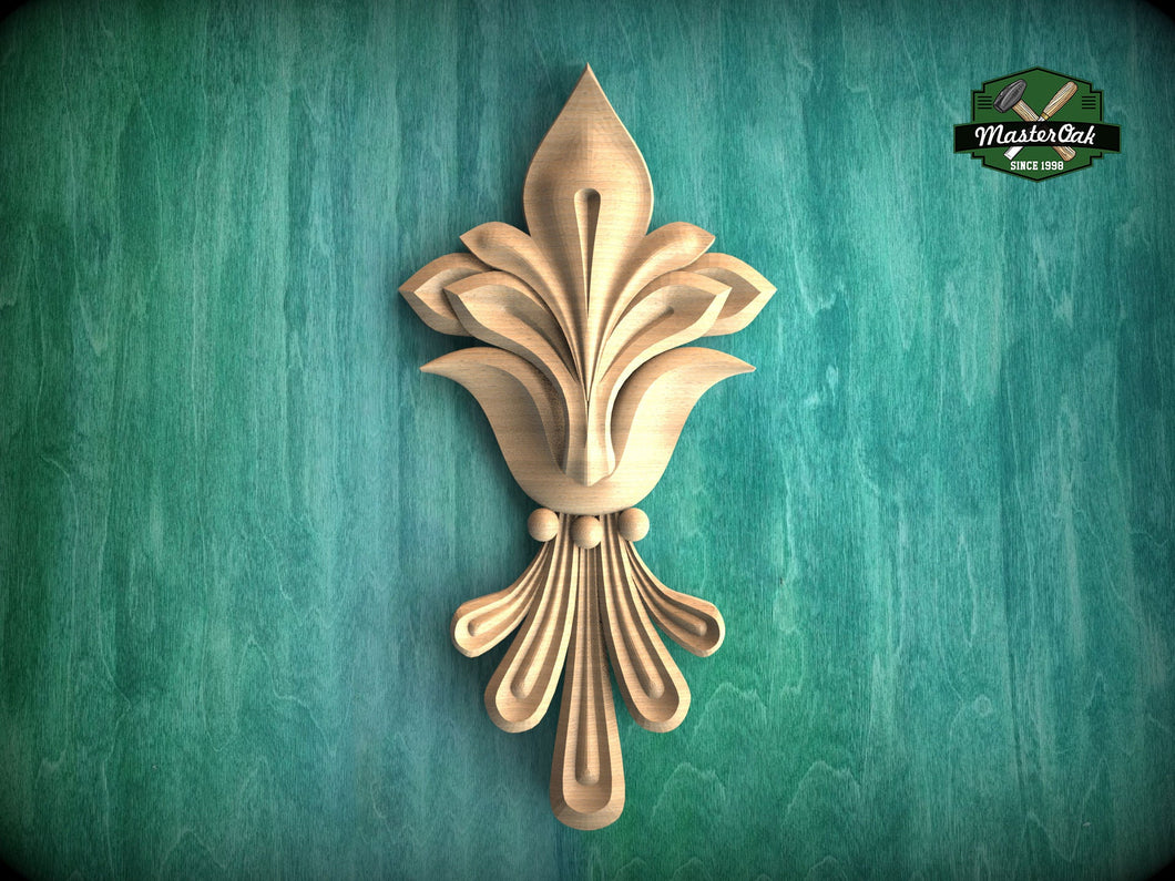 Fleur-de-Lis Flourish: Vertical Wooden Carved Overlay, 1 pc, Unpainted, Home Wall Embellishments, Furniture Carving, Wood Onlays