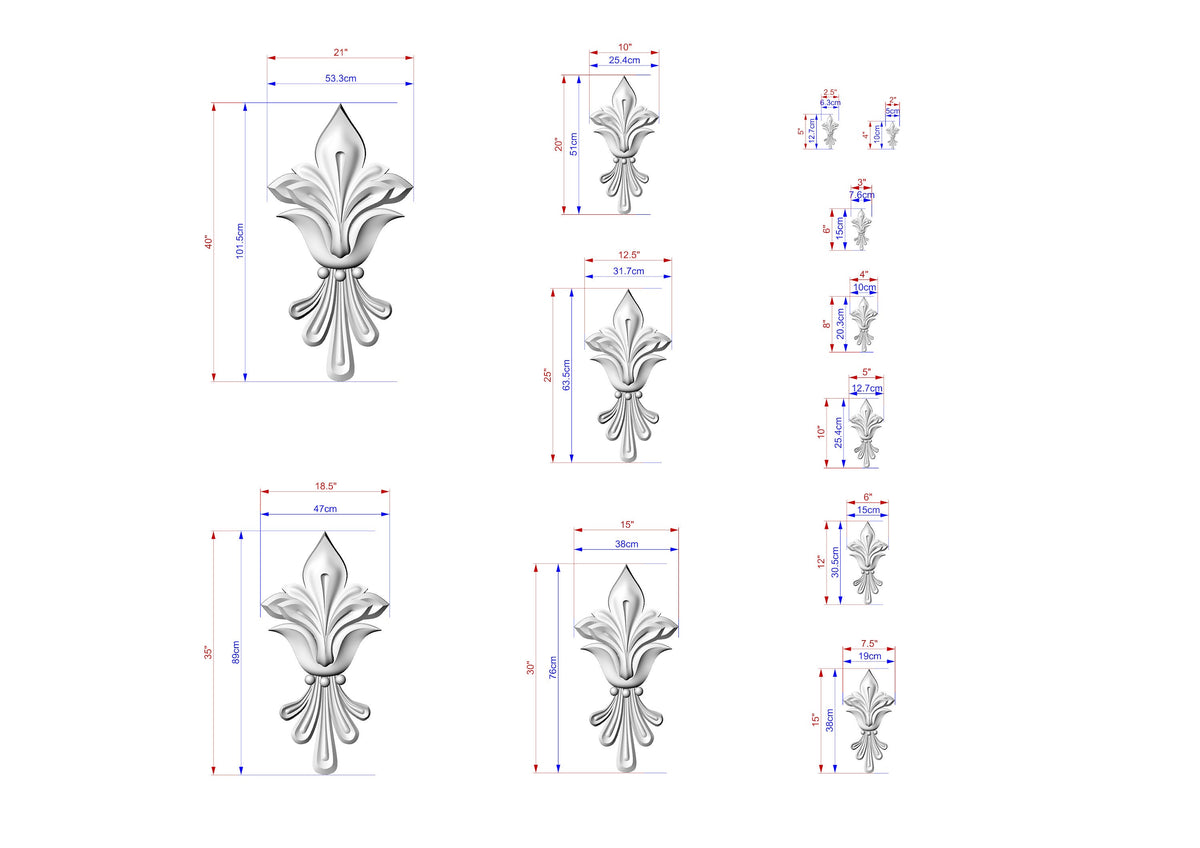 Fleur-de-Lis Flourish: Vertical Wooden Carved Overlay, 1 pc, Unpainted, Home Wall Embellishments, Furniture Carving, Wood Onlays
