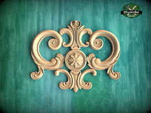 Load image into Gallery viewer, Regal Elegance: Ornamental Wooden Crest Applique, 1pc, Unpainted, Decorative Wood Trim, Wood Carved Applique Onlay, Home Wall Embellishments
