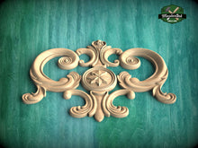 Load image into Gallery viewer, Regal Elegance: Ornamental Wooden Crest Applique, 1pc, Unpainted, Decorative Wood Trim, Wood Carved Applique Onlay, Home Wall Embellishments
