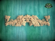 Load image into Gallery viewer, Harvest Symphony Wooden Carving, Grapes &amp; Acanthus Ornament, 1pc, Unpainted, Carved Wood Applique for Fireplace Mantel
