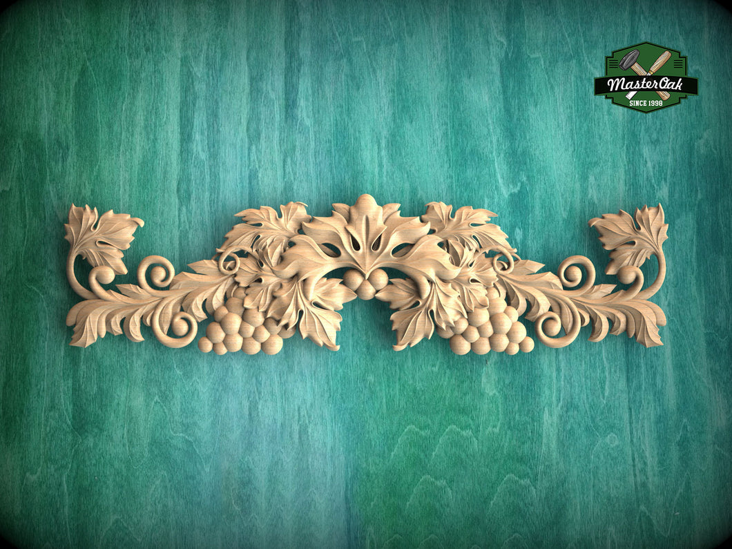 Harvest Symphony Wooden Carving, Grapes & Acanthus Ornament, 1pc, Unpainted, Carved Wood Applique for Fireplace Mantel