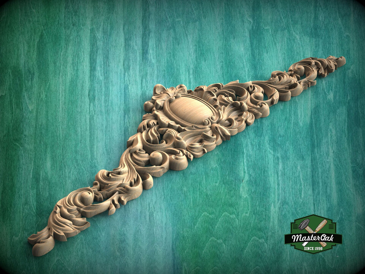 Carved Regal Crest Wooden Applique, Baroque Scrollwork Elegance, 1pc, Home Wall Embellishments, Furniture Carving, Horizontal Wood Onlay