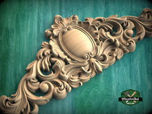 Load image into Gallery viewer, Carved Regal Crest Wooden Applique, Baroque Scrollwork Elegance, 1pc, Home Wall Embellishments, Furniture Carving, Horizontal Wood Onlay
