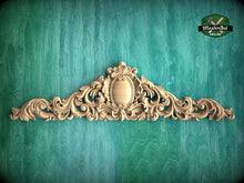 Load image into Gallery viewer, Carved Regal Crest Wooden Applique, Baroque Scrollwork Elegance, 1pc, Home Wall Embellishments, Furniture Carving, Horizontal Wood Onlay
