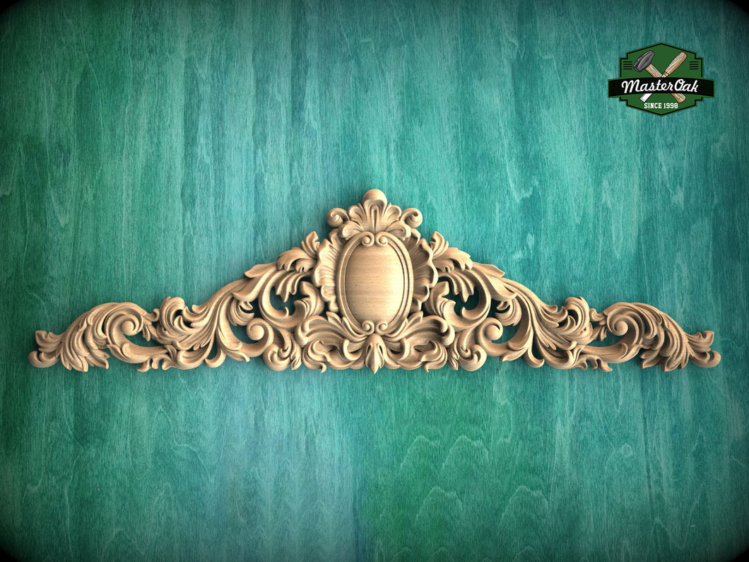 Carved Regal Crest Wooden Applique, Baroque Scrollwork Elegance, 1pc, Home Wall Embellishments, Furniture Carving, Horizontal Wood Onlay