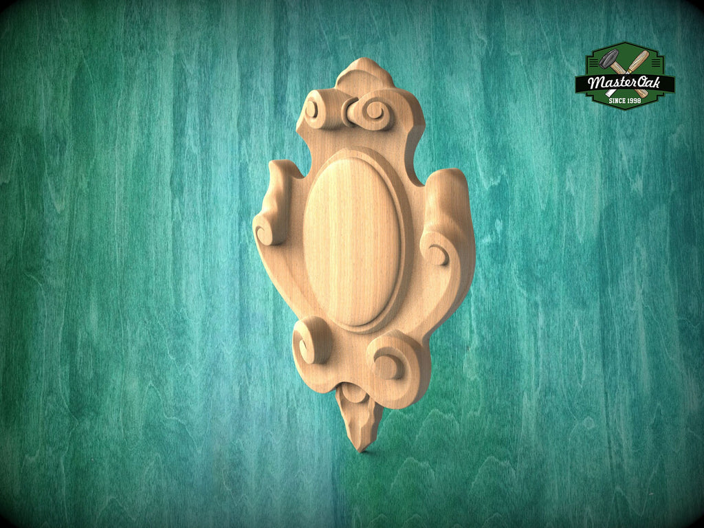Noble Emblem: Ornate Wooden Cartouche Onlay, Unpainted, 1pc, Home Wall Embellishments, Furniture Carving