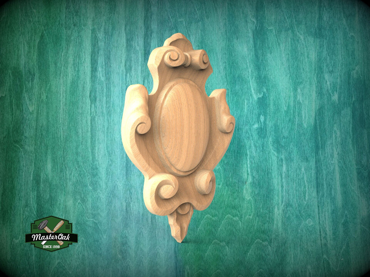 Noble Emblem: Ornate Wooden Cartouche Onlay, Unpainted, 1pc, Home Wall Embellishments, Furniture Carving