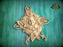 Load image into Gallery viewer, Celestial Grace: Artisanal Carved Angelic Visage, 1pc, Angel&#39;s wings, Carved Cherub, religion decor, carved decoration of wood, wooden onlay
