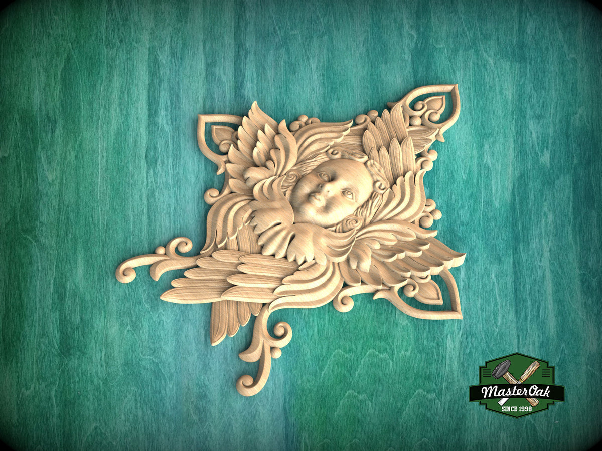 Celestial Grace: Artisanal Carved Angelic Visage, 1pc, Angel's wings, Carved Cherub, religion decor, carved decoration of wood, wooden onlay