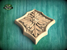 Load image into Gallery viewer, Elegant Floriate Crest: Vertical Wooden Carving, 1pc, Unpainted, Carved Onlay, Wooden Rosette, Applique furniture decor

