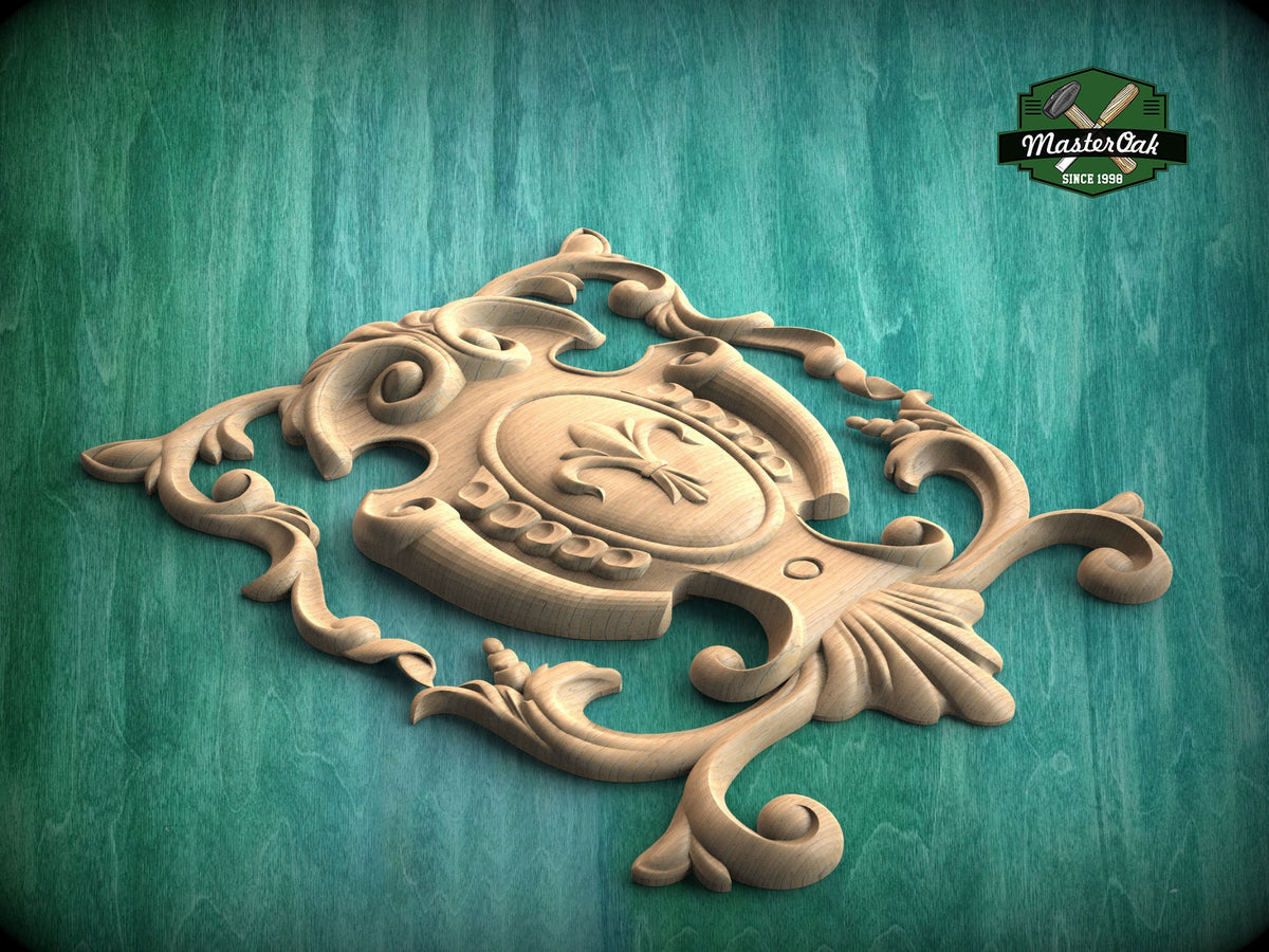 Heraldic Grace: Regal Fleur-de-Lis Wooden Onlay, Unpainted, 1pc, Home Wall Embellishments, Furniture Carving