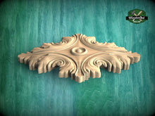 Load image into Gallery viewer, Elegant Baroque-Inspired Carved Wood Rosette Onlay, 1pc, Unpainted, Carved Onlay, Wooden Rosette, Applique furniture decor, Horizontal Onlay
