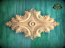 Load image into Gallery viewer, Elegant Baroque-Inspired Carved Wood Rosette Onlay, 1pc, Unpainted, Carved Onlay, Wooden Rosette, Applique furniture decor, Horizontal Onlay
