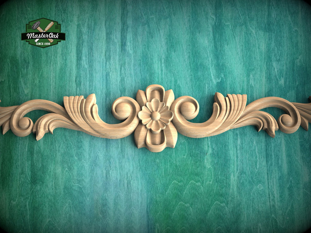 Elegant Floral and Scroll Wood Carved Onlay, Classic Furniture Embellishment, 1 piece, Unpainted, applique for fireplace surround and mantel