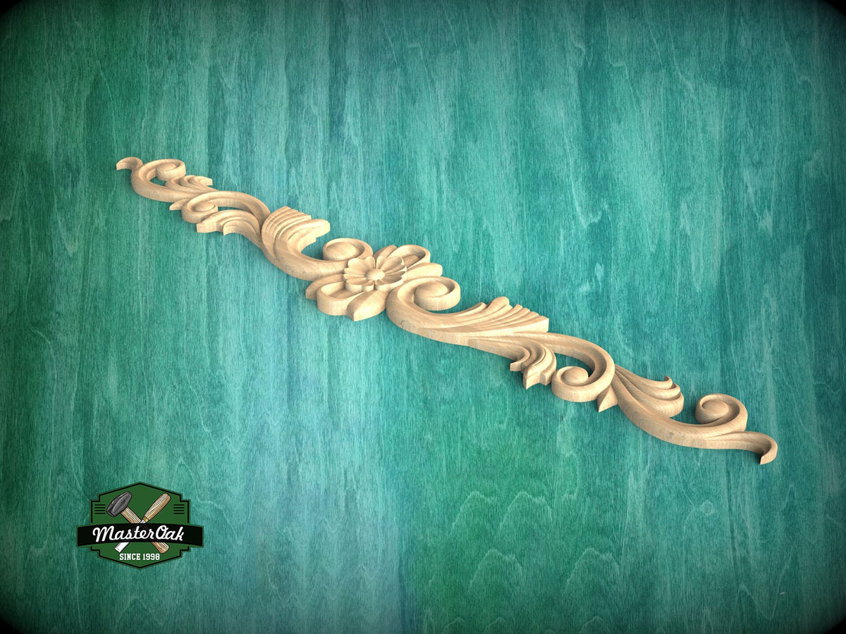 Elegant Floral and Scroll Wood Carved Onlay, Classic Furniture Embellishment, 1 piece, Unpainted, applique for fireplace surround and mantel