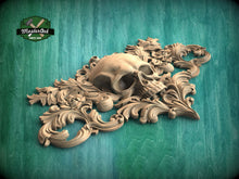 Load image into Gallery viewer, Baroque Reaper&#39;s Crest , 1pc, Horizontal wooden floral center onlay with skull, horizontal decor, carved decoration of wood, wooden onlay
