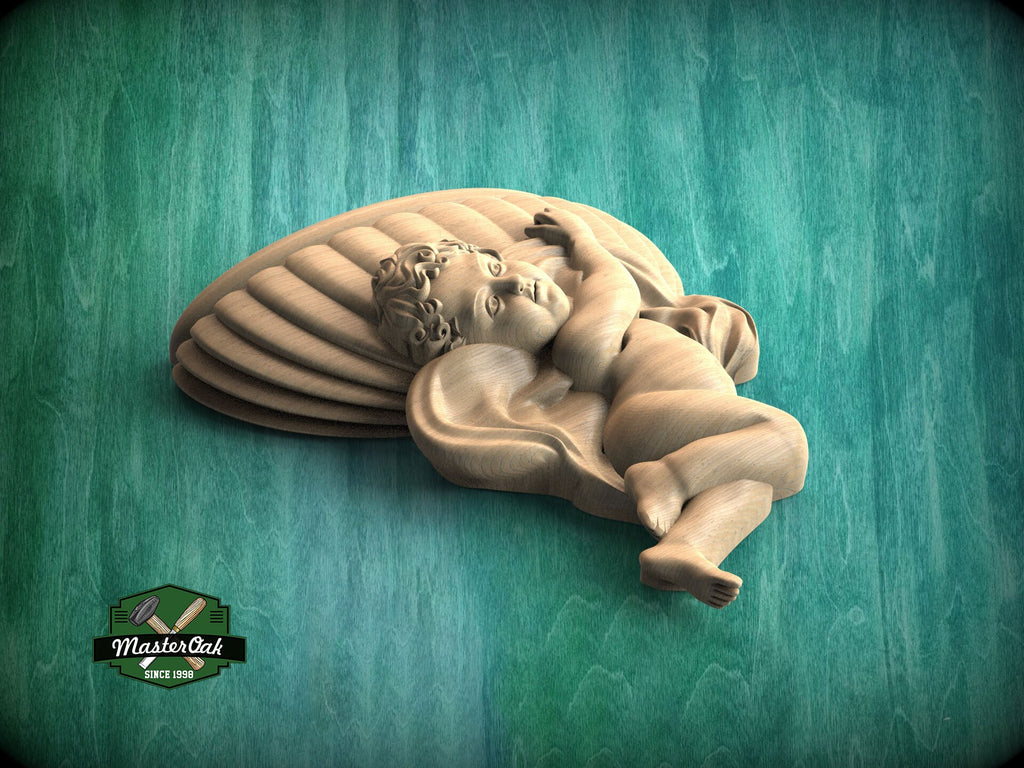 Cherubic Embrace - Wood Carved Onlay, 1pc, Angel with wings, Carved Angel, religion decor, carved decoration of wood, wooden onlay