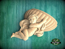 Load image into Gallery viewer, Cherubic Embrace - Wood Carved Onlay, 1pc, Angel with wings, Carved Angel, religion decor, carved decoration of wood, wooden onlay
