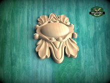 Load image into Gallery viewer, Vertical Carved Wooden Rosette with Leaf Scrollwork, Renaissance Inspired Decor, 1pc, Unfinished, Home Wall Embellishments, Wood Onlay
