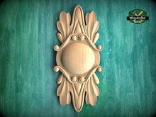 Load image into Gallery viewer, Vertical Carved Wooden Rosette with Leaf Scrollwork, Renaissance Inspired Decor, 1pc, Unfinished, Home Wall Embellishments, Wood Onlay
