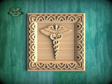 Load image into Gallery viewer, Caduceus Symbol Carved Wood Rosette, Medical Office Decor, Square Carved Decor, 1pc, Unpainted, Home Wall Embellishments, Wood Onlay
