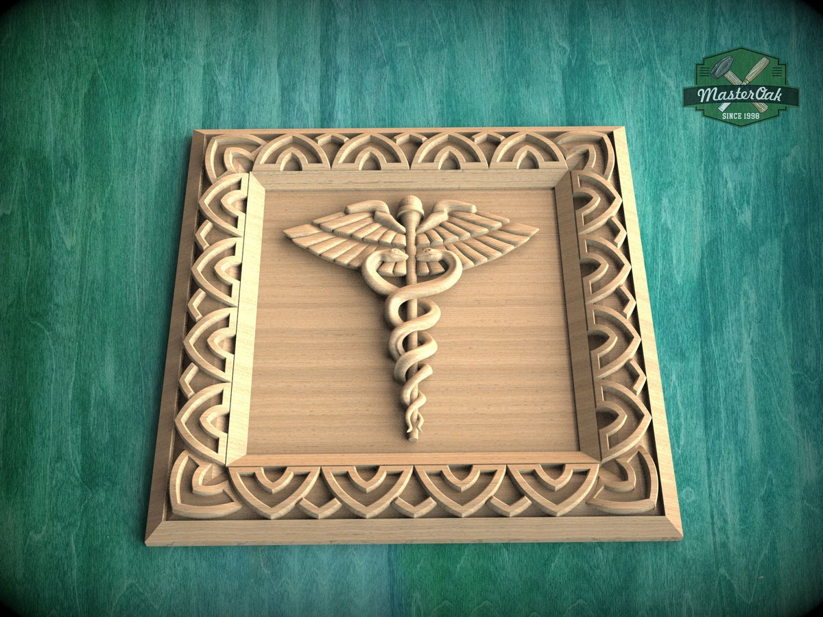 Caduceus Symbol Carved Wood Rosette, Medical Office Decor, Square Carved Decor, 1pc, Unpainted, Home Wall Embellishments, Wood Onlay
