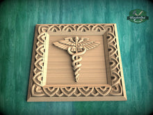 Load image into Gallery viewer, Caduceus Symbol Carved Wood Rosette, Medical Office Decor, Square Carved Decor, 1pc, Unpainted, Home Wall Embellishments, Wood Onlay
