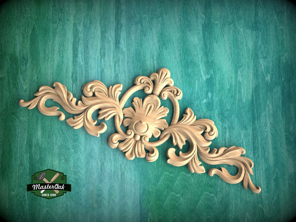 Decorative Onlay with Fleuron, Wood Carving, Unpainted, 1pc, Home Wall Embellishments, Furniture Carving, Ornamental Woodwork