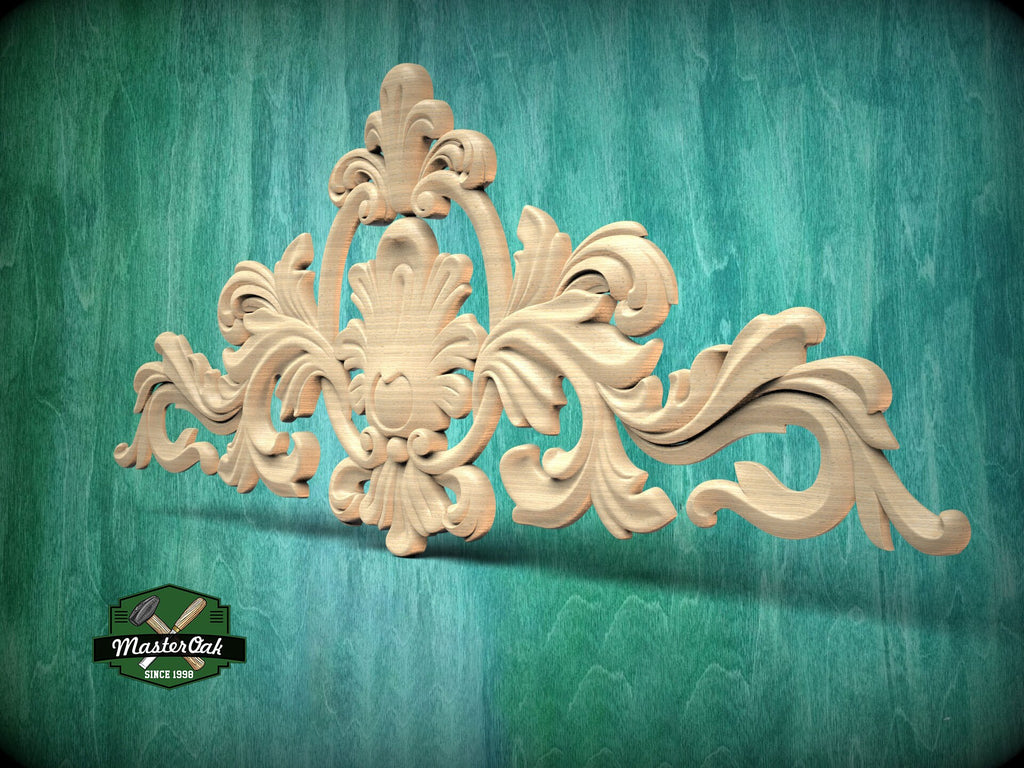 Decorative Onlay with Fleuron, Wood Carving, Unpainted, 1pc, Home Wall Embellishments, Furniture Carving, Ornamental Woodwork