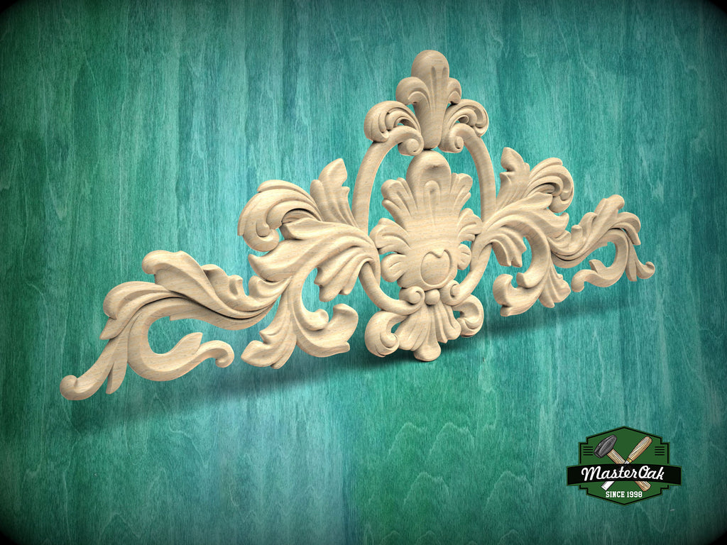 Decorative Onlay with Fleuron, Wood Carving, Unpainted, 1pc, Home Wall Embellishments, Furniture Carving, Ornamental Woodwork