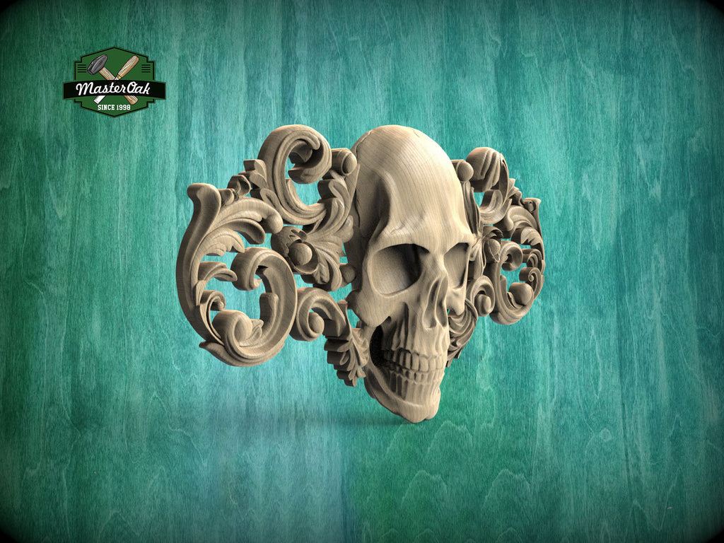Gothic Elegance Wooden Applique, 1 pc, Horizontal wooden floral center onlay with skull, horizontal decor, carved decoration of wood