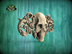 Gothic Elegance Wooden Applique, 1 pc, Horizontal wooden floral center onlay with skull, horizontal decor, carved decoration of wood
