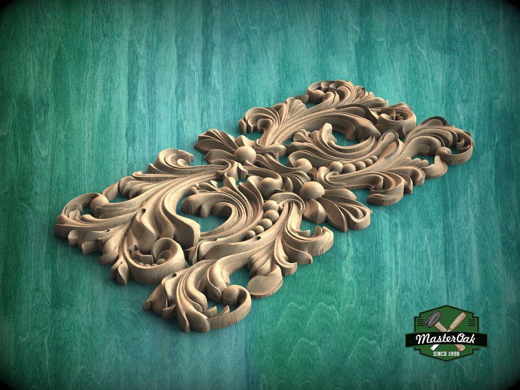 Baroque Splendor: Symmetrical Carved Wood Onlay, Wooden Panel, 1pc, Unpainted, Furniture Carving, Architectural Woodwork