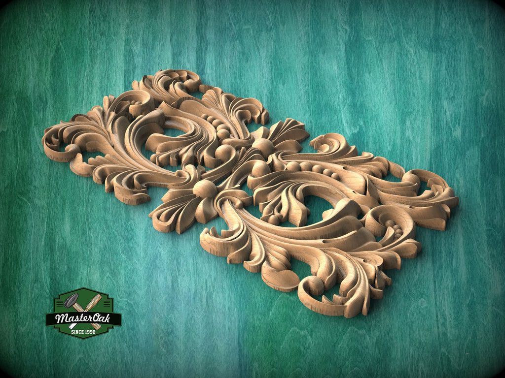 Baroque Splendor: Symmetrical Carved Wood Onlay, Wooden Panel, 1pc, Unpainted, Furniture Carving, Architectural Woodwork