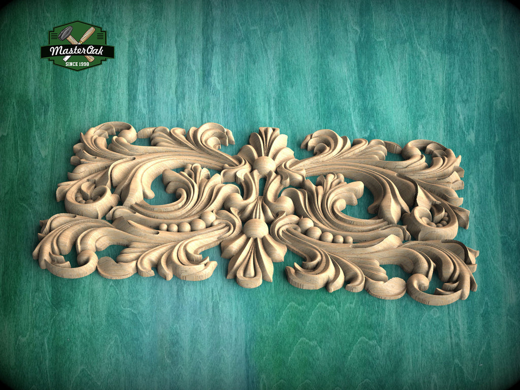 Baroque Splendor: Symmetrical Carved Wood Onlay, Wooden Panel, 1pc, Unpainted, Furniture Carving, Architectural Woodwork